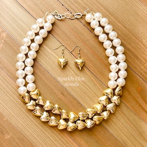 Gold Heart Pearl Necklace, Multi Strand Necklace, pearl necklace, gold heart, statement necklace, Valentine’s Day gift, necklace for women