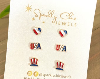 Fourth of July Earrings, stud earrings, 4th of july earrings, patriotic earrings, gift for her, American stud earrings, American flag