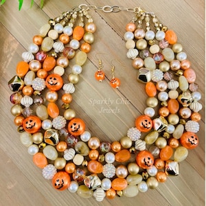 Halloween Pearl Necklace, pearl, Jack-o-lantern necklace, beaded necklace, multi-strand necklace, pumpkin necklace, gift for her