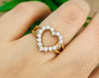 Anillo de corazón abierto relleno de oro, anillo de corazón, anillo de corazón de diamantes de imitación, anillo chapado en oro, regalo para ella, regalo para mamá, anillo brillante