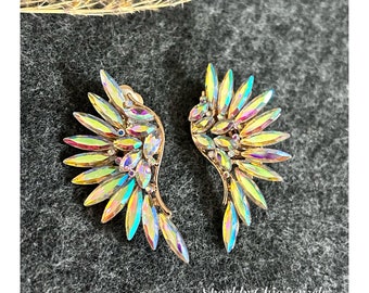 Angel Wings earrings, Aurora Borealis Rhinestone Earrings, clear Earrings, crystal rhinestone earrings, statement earrings, wing earrings