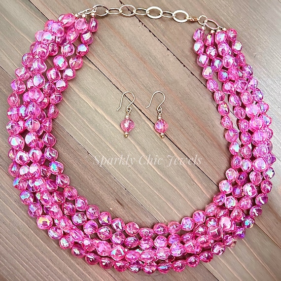 Pink Clear Necklace, Pink Necklace, Statement Necklace, Barbie