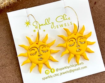 Sun Earrings, yellow earrings, yellow sun earrings, smiley earrings, fashion earrings, gift for her, polymer clay earrings, clay earrings