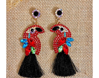 Macaw Parrot Earring, rhinestone Earrings, bird Earrings, Sparkly earrings, macaw earrings, gift for her