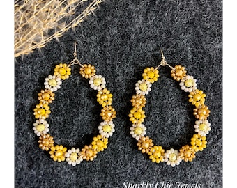 Yellow Daisy Teardrop Hoop Earrings, flower earrings, hoop earrings, teardrop earrings, yellow earrings, fashion earrings