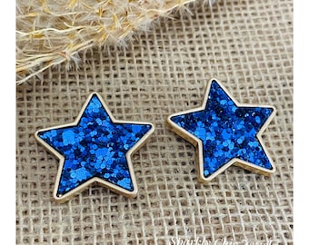 Brincos Estrela Azul com Glitter, Brincos Patrióticos de Estrela, Joias para o Dia da Independência, Brincos Azuis Brilhantes, Presente de Joia Celestial para Mulheres