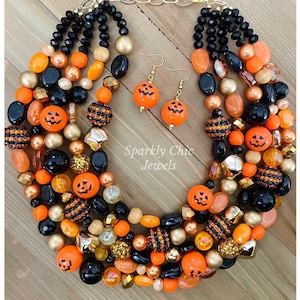 Halloween Statement Necklace, gold necklace, Jack-o-lantern necklace, beaded necklace, multi-strand necklace, pumpkin necklace, gift for her