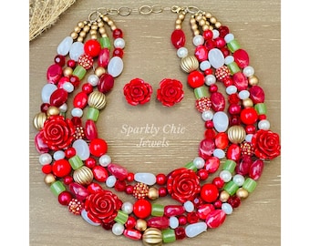 Red Rose Statement Necklace, rose necklace, red necklace, beaded necklace, Mother’s Day gift, flower necklace, roses, rose garden