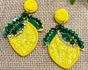 Lemon Sequin Earrings, lemon earrings, seed bead earrings, yellow earrings, summer earrings, earrings for her, gift