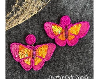 Fuschia Butterfly Earrings, fashion earrings, seed bead earrings, butterfly earrings, pink earrings, gift for her