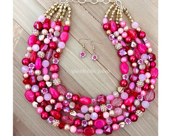 Fuchsia Flower Necklace, flower necklace, pink flower necklace, necklace for woman, statement necklace, roses necklace, gift for her
