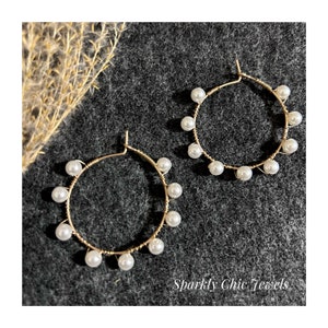 Pearl Hoop Earrings, wire wrapped earrings, hoop Earrings, Statement Earrings, pearl earrings, gift for her