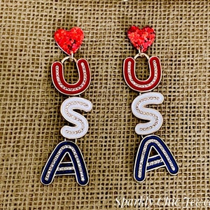 USA Earrings, American earrings, fashion earrings, flag earrings, dangle earrings, gift for her