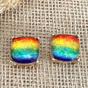 Rainbow stud earrings, stud earrings, sparkly earrings, crystal earrings, square stud earrings, pride earrings, lgtb earrings
