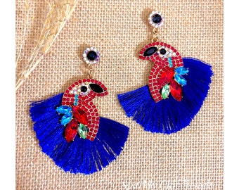 Blue Macaw Parrot Earring, rhinestone Earrings, bird Earrings, Sparkly earrings, macaw earrings, gift for her, parrot earrings
