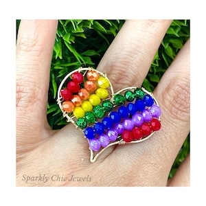 Rainbow ring, wire-wrapped ring, rainbow heart ring, colorful ring, multicolor, statement ring, sparkly ring, gift for her, adjustable ring