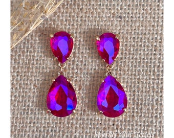 Fuschia Teardrop Rhinestone Earrings, pink Earrings, hot pink earrings, elegant earrings, statement earrings, gift for her