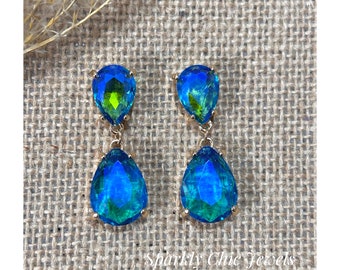 Turquoise Teardrop Rhinestone Earrings, blue Earrings, turquoise earrings, elegant earrings, statement earrings, gift for her