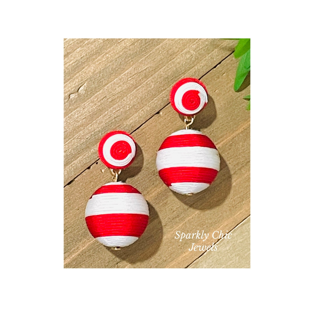 Red Stripe Ball Earrings, Thread Wrapped Earrings, Dangle Earrings, Bon