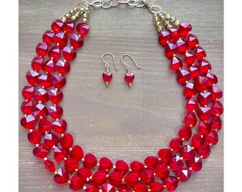 Red Heart Crystal Necklace, red heart necklace, heart necklace, gift for her, Valentine’s Day, red necklace