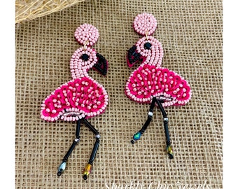 Flamingo Earrings, Sparkly Earrings, statement earrings, Rhinestone Earrings, Beaded Earrings, Pink Flamingo earrings, pink earrings