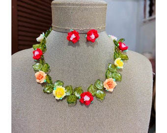 Spring Flower Statement Necklace, flower necklace, spring necklace, gift for her, necklace for women, red and yellow flower necklace