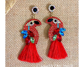 Red Macaw Parrot Earring, rhinestone Earrings, bird Earrings, Sparkly earrings, macaw earrings, gift for her, parrot earrings