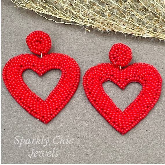 Open Heart Earrings, red heart earrings, fashion earrings, seed bead earrings, statement earrings, gift for her, Valentine’s Day, love