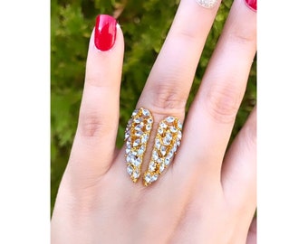 Angel Wing Rhinestone Ring, gold plated statement ring, wing ring, ring, sparkly ring, gift for her, adjustable ring