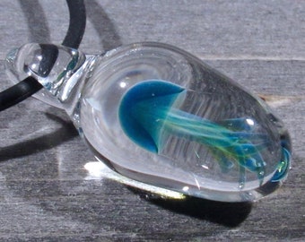Hazy Translucent Blue-Green Jellyfish Pendant, Handmade Glass Necklace, Borosilicate Lampwork