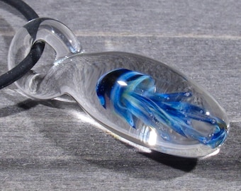 Hazy Translucent Blue Jellyfish Pendant, Handmade Glass Necklace, Borosilicate Lampwork