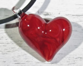 Scarlet Glass Heart Pendant, Squiggle Chaos Design, Minimalist Valentines Jewelry, Handmade Borosilicate Lampwork