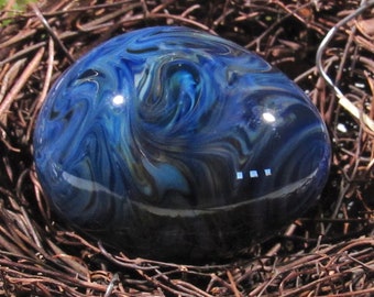 Handmade Glass Egg, Dark Blue Squiggle Chaos Solid Design, Borosilicate Art
