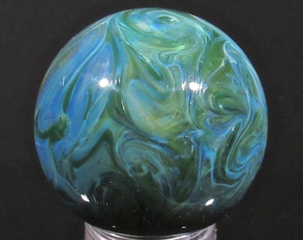 27mm (1.07 inch) Sparkly Green/Blue Squiggle Chaos Marble, Handmade Borosilicate Art Glass