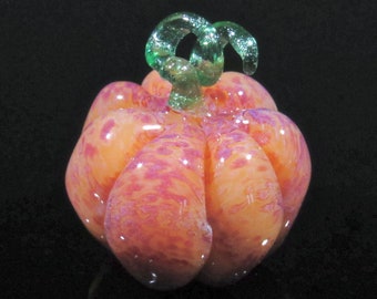 Handmade Miniature Glass Pumpkin, Speckled Pale Orange/Pink with Sparkly Green Stem, Unique Borosilicate Art