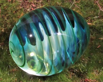 Handmade Glass Egg, Hazy Translucent Green Helix Solid Design, Borosilicate Art
