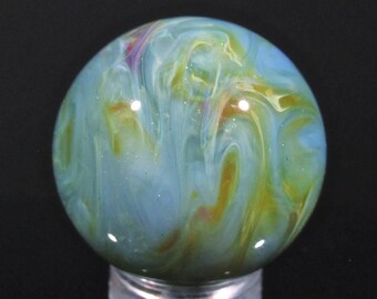 27mm (1.05 inch) Sparkly Turquoise/Green Squiggle Chaos Marble, Handmade Borosilicate Art Glass