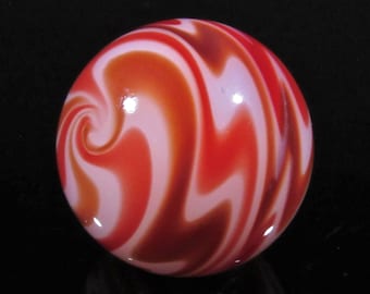 26mm (1.01 inch) Red/White Wig-Wag Twisted Marble, Handmade Borosilicate Art Glass