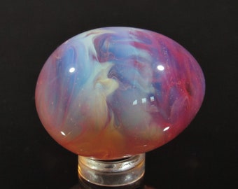 Handmade Glass Egg, Transparent Pink and White Squiggle Chaos Solid Design, Borosilicate Art