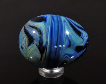 Handmade Glass Egg, Blue and Black Squiggle Chaos Solid Design, Borosilicate Art