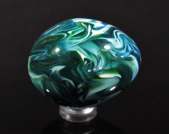 Handmade Glass Egg, Sparkly Deep Green Squiggle Chaos Solid Design, Borosilicate Art