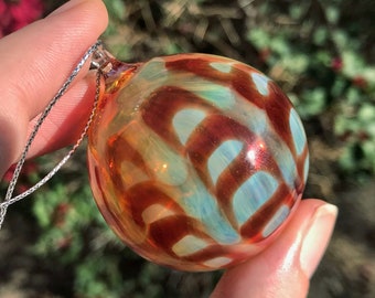 Hand Blown Glass Ornament - Swirled/Raked Red and Creamy Yellow - Handmade Borosilicate Glass