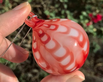 Hand Blown Glass Ornament - Swirled/Raked Red and White - Handmade Borosilicate Glass