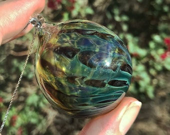 Hand Blown Glass Ornament - Swirled/Raked Transparent Green - Handmade Borosilicate Glass