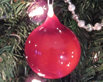 Hand Blown Glass Ornament - Transparent Red over White - Handmade Borosilicate Glass
