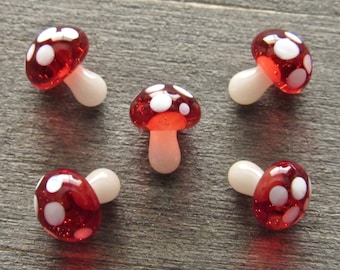 Transparent Red Mushroom Pearls, Mini Glass Sculpture, Handmade Borosilicate Art