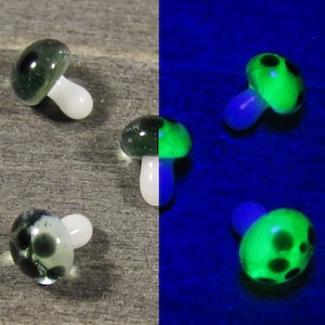 UV Blue-Green Mushroom Pearls with Black Spots, Mini Glass Sculpture, Handmade Borosilicate Art