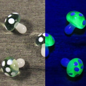 UV Blue-Green Mushroom Pearls with White Spots, Mini Glass Sculpture, Handmade Borosilicate Art