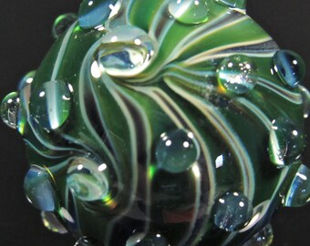 Handmade Borosilicate Art Glass Clear with Pastel and Sparkly Dark Green Lumpy Bumpy Hobnail Marble