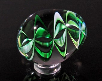 Handmade Glass Egg, Green and White Helix Solid Design, Borosilicate Art